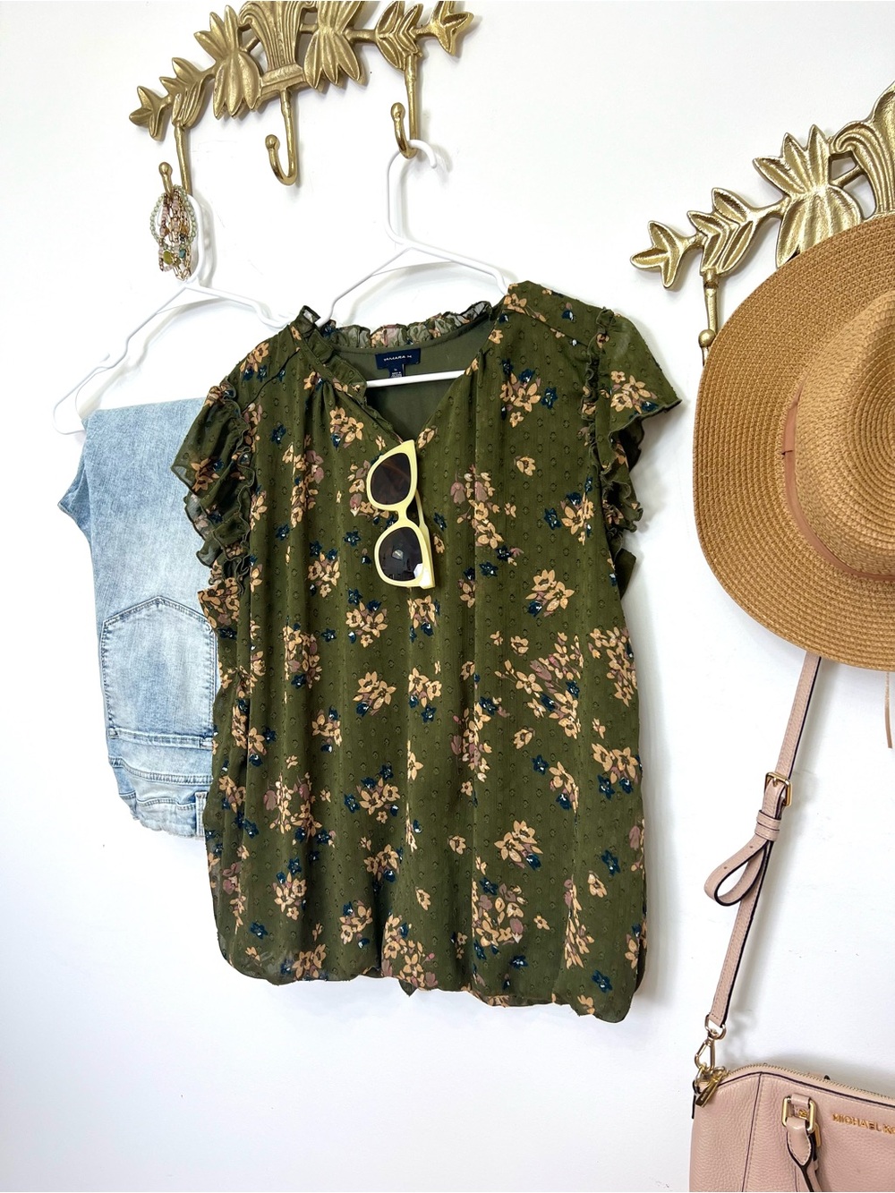 Tamara H Dark Olive Floral Short-Sleeve Blouse Ptp Xl /1X 25” L 29” - Picture 2 of 5